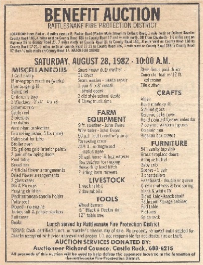 Benefit Auction for Rattlesnake Fire Saturday August 28 1982