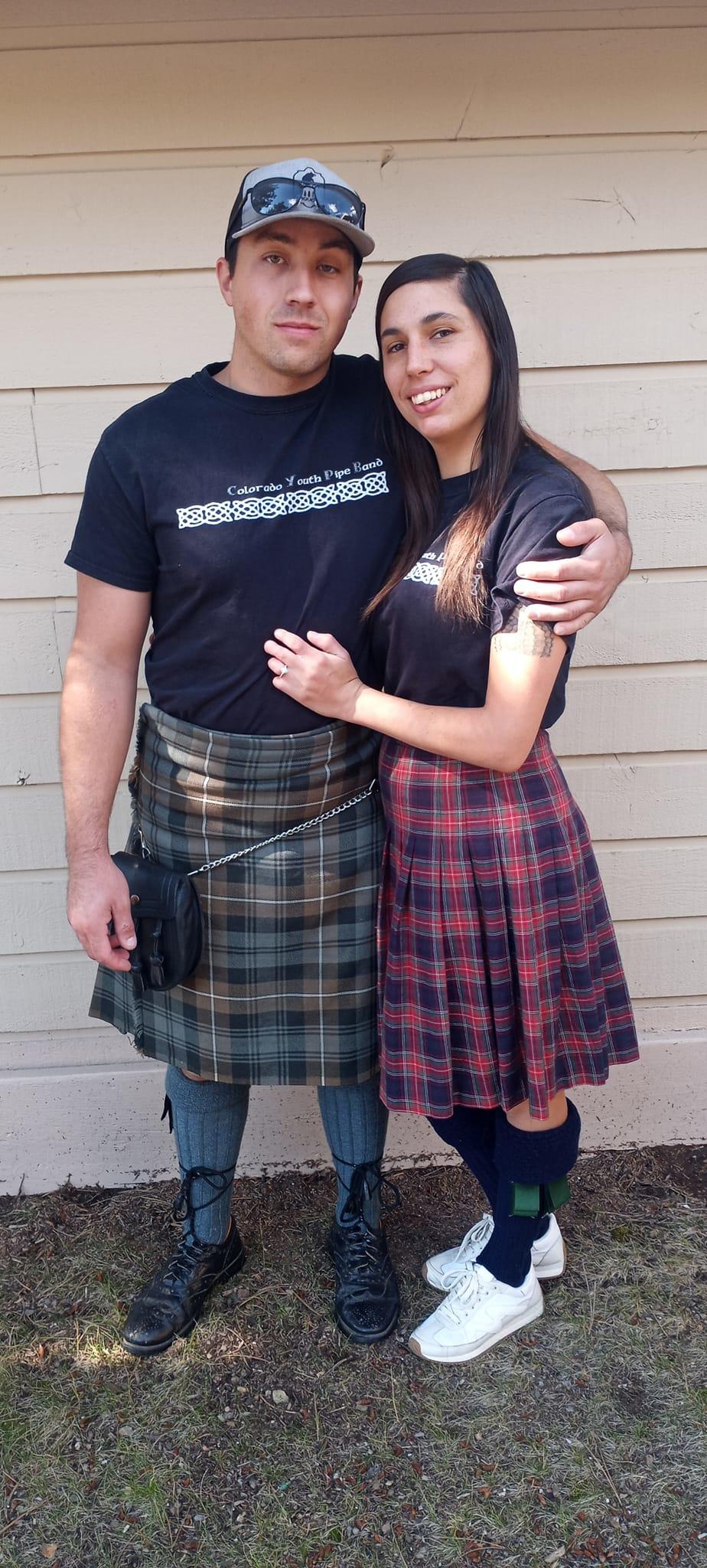 Fleet Mechanic Evan Schreiber at the Scottish Fest in Estes, Colorado with his fiancée helping the Youth Pipe Band 